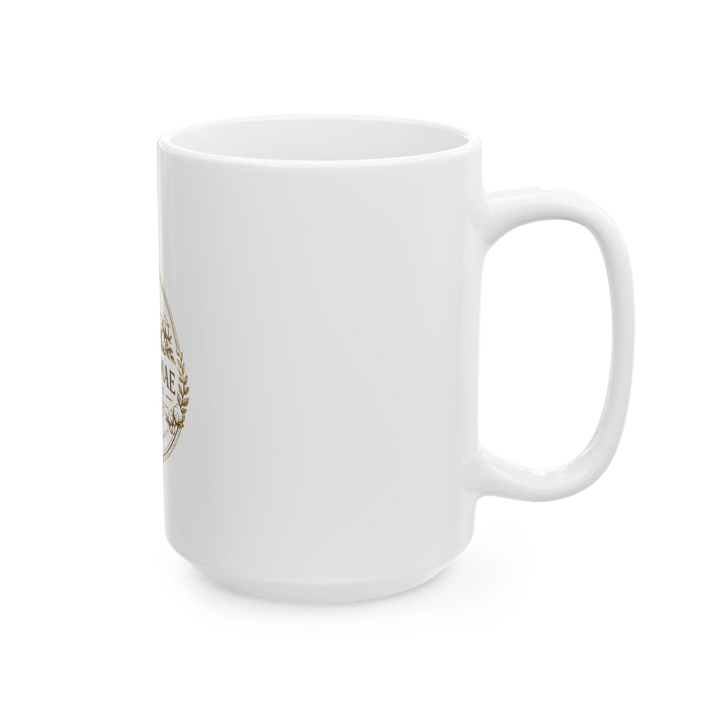 White mug with a gold emblem on a white background
