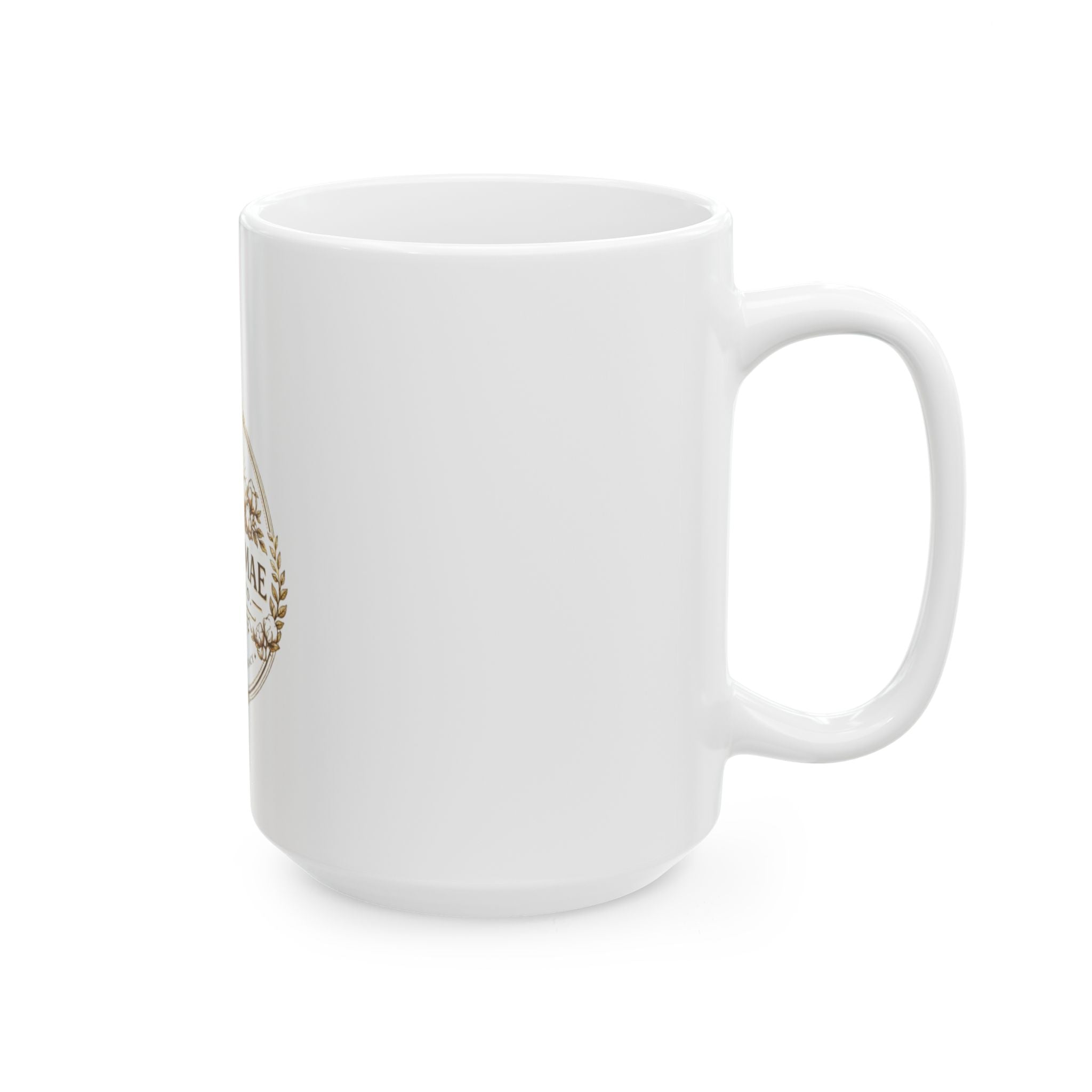 White mug with a gold emblem on a white background