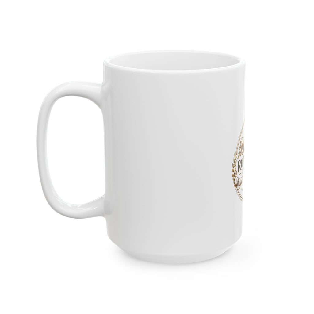 White mug with a gold logo on a white background
