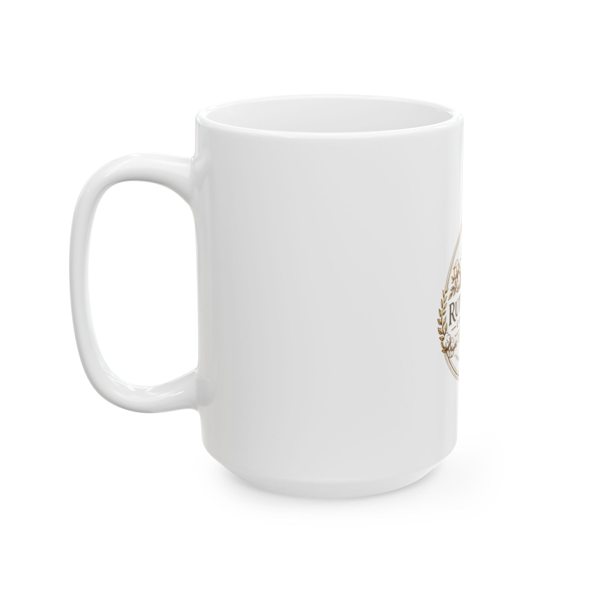 White mug with a gold logo on a white background