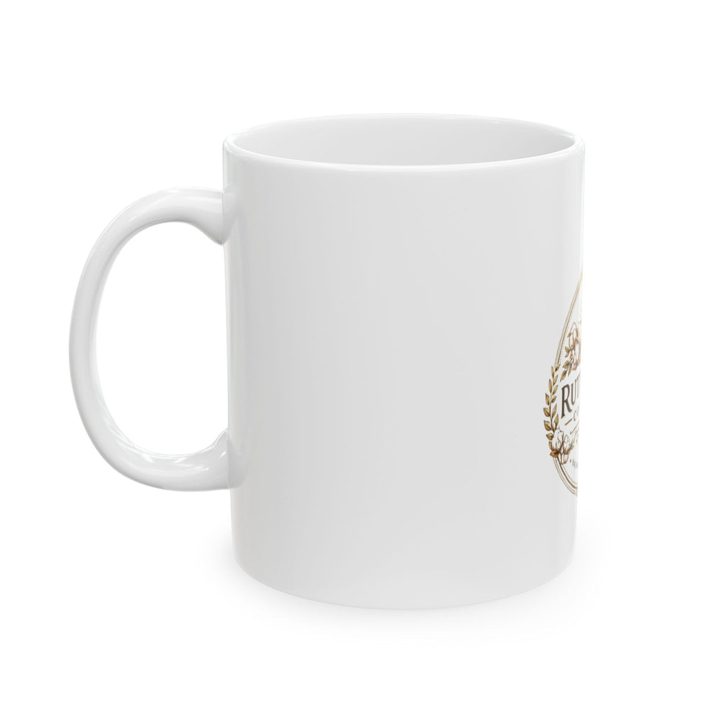 White mug with a logo on a white background