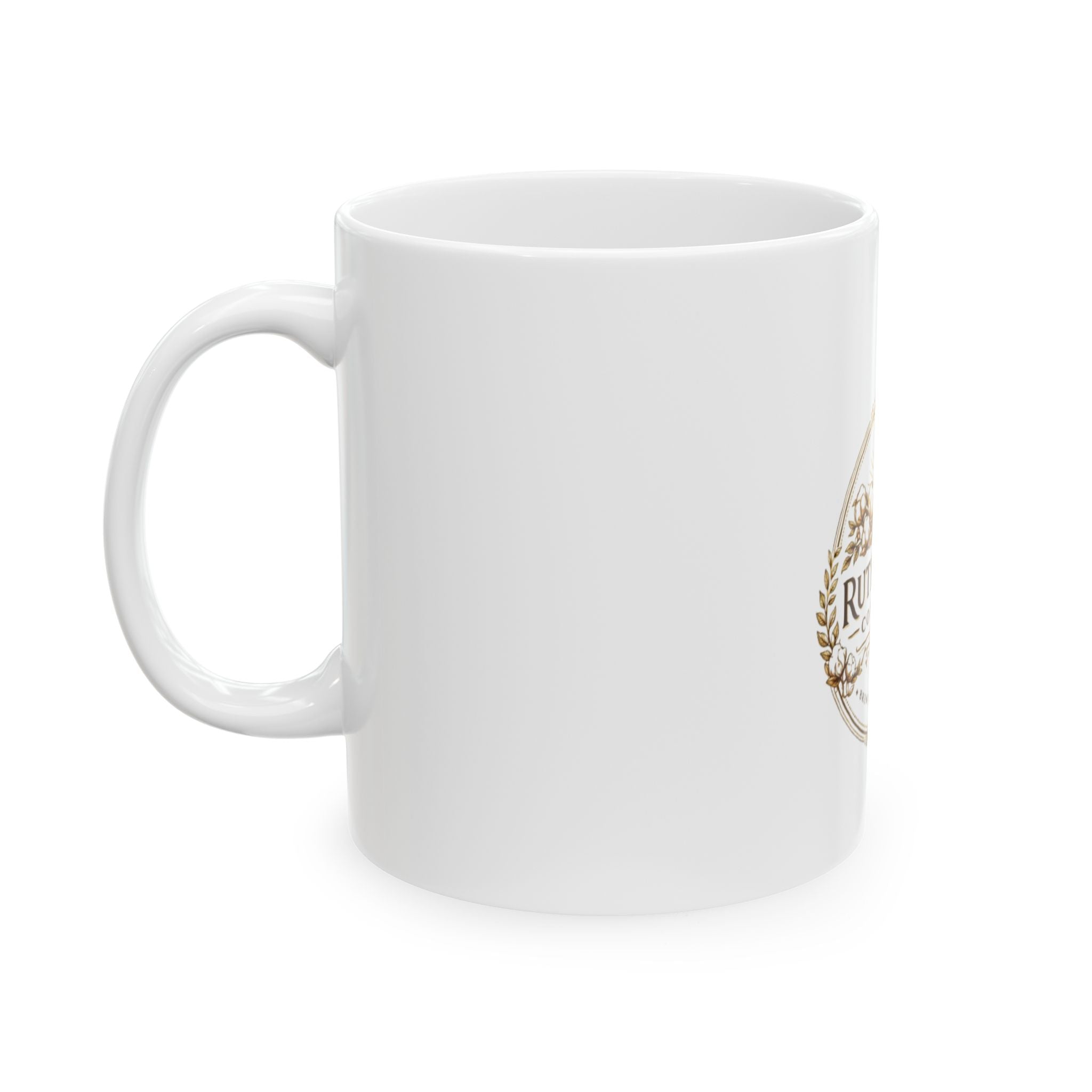 White mug with a logo on a white background