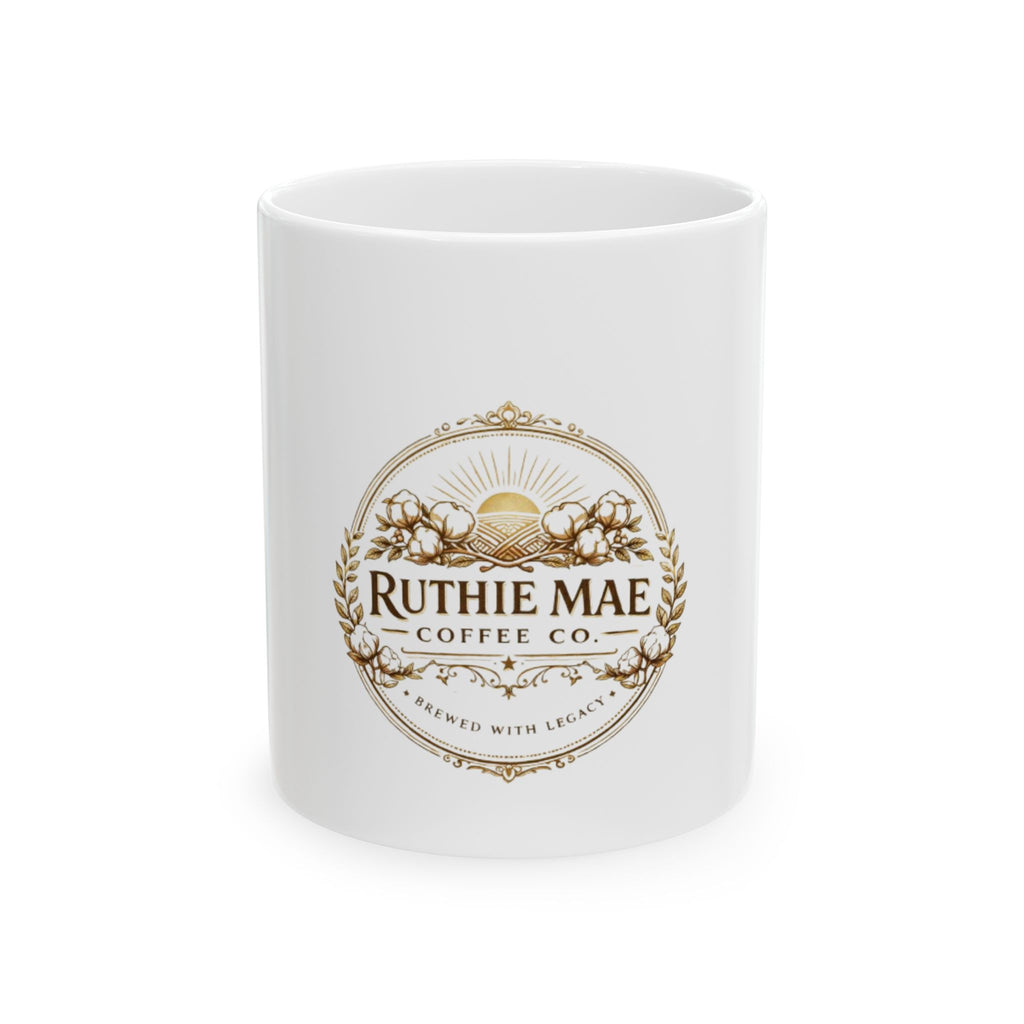 White mug with Ruthie Mae Coffee Co. logo on a white background