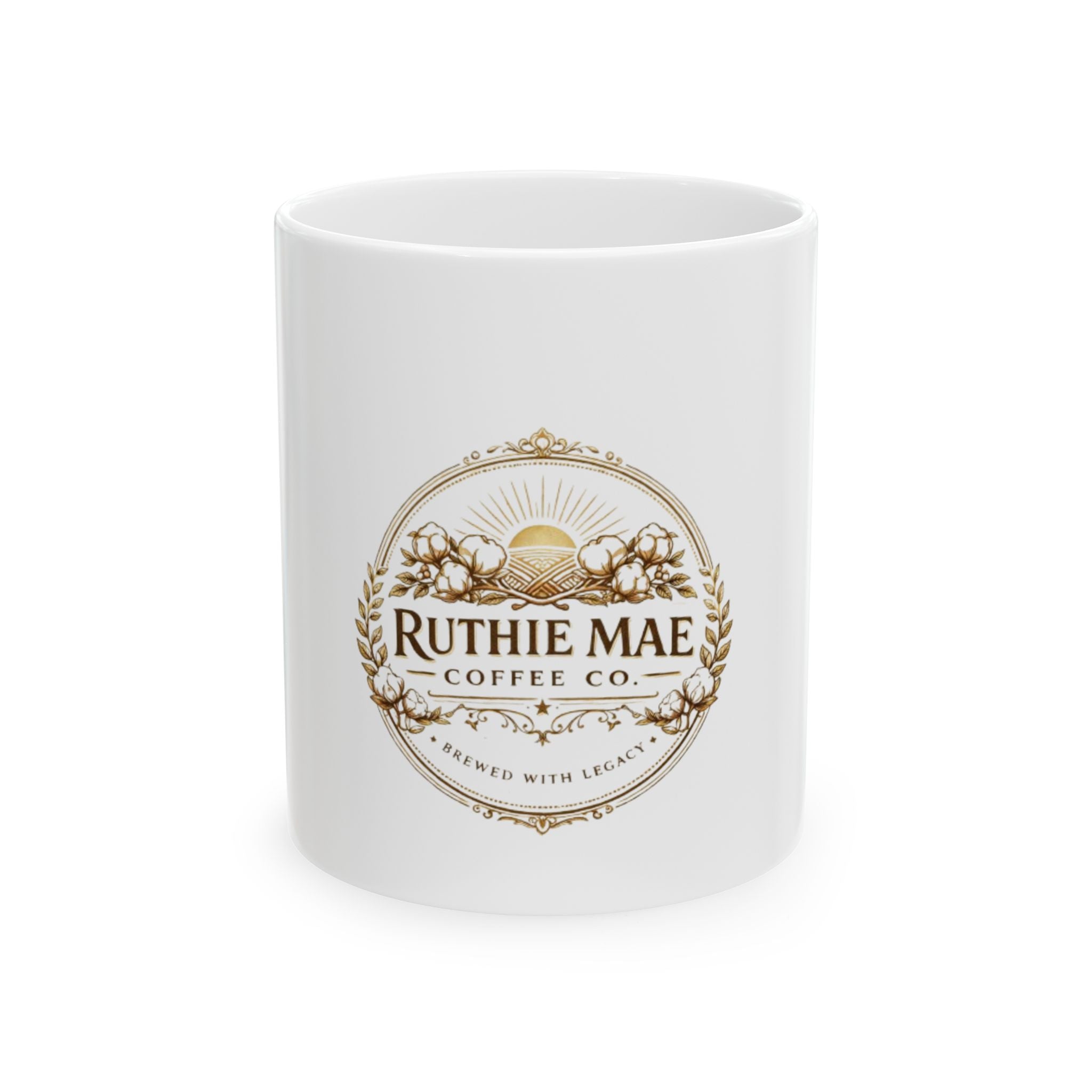 White mug with Ruthie Mae Coffee Co. logo on a white background