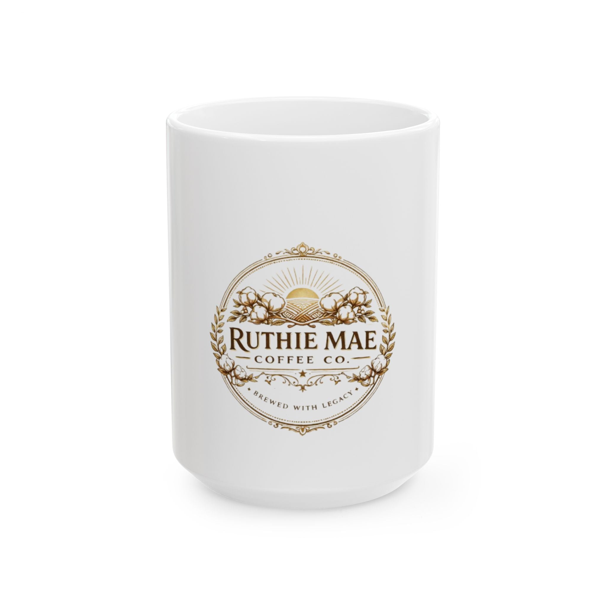 White mug with 'Ruthie Mae Coffee Co.' logo on a white background