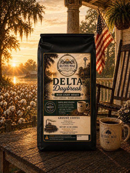 Delta Daybreak whole bean coffee bag on rustic front porch overlooking Mississippi cotton fields at sunrise, med-light roast Ruthie Mae Coffee Co.