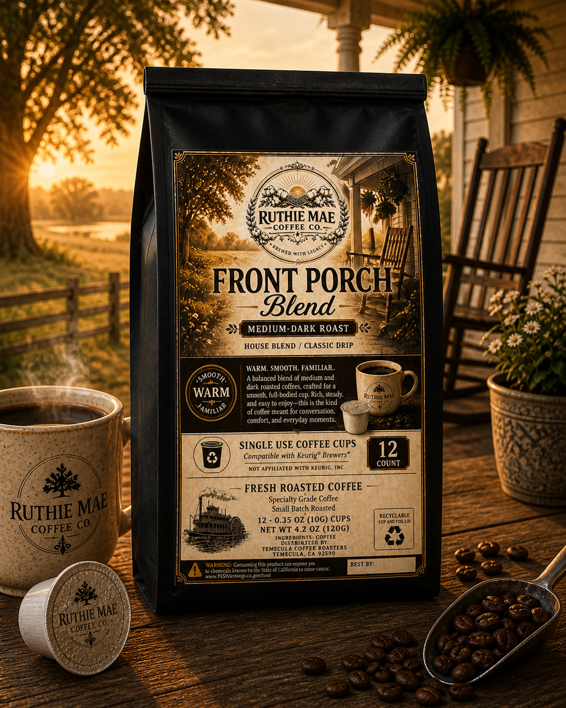 Enjoy Front Porch Blend K-Cups by Ruthie Mae Coffee Co. A smooth, medium-dark roast coffee pod with rich, comforting flavor. Compatible with Keurig® brewers.

