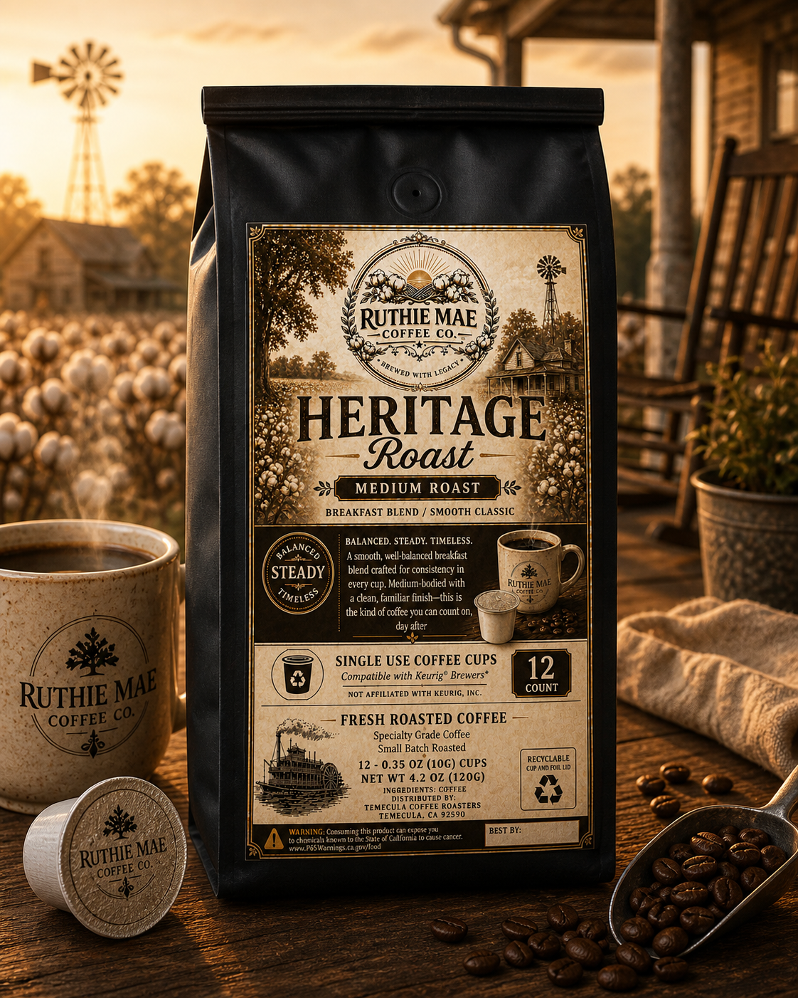 Shop Heritage Roast K-Cups by Ruthie Mae Coffee Co. A balanced medium roast coffee pod with smooth, classic flavor. Compatible with Keurig® brewers.

