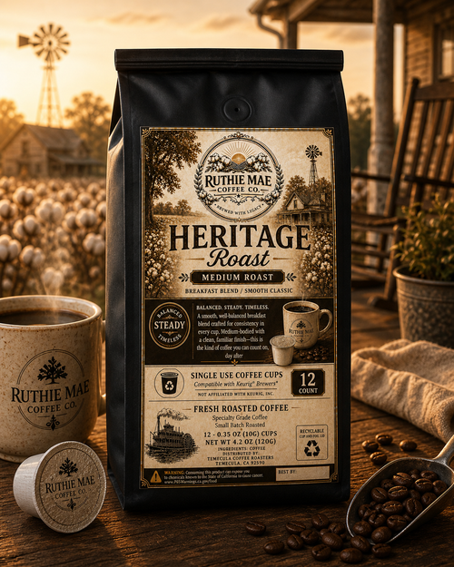 Shop Heritage Roast K-Cups by Ruthie Mae Coffee Co. A balanced medium roast coffee pod with smooth, classic flavor. Compatible with Keurig® brewers.

