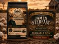 Ruthie Mae Coffee Co. James Steadfast roast coffee package in a cotton field with sunset.