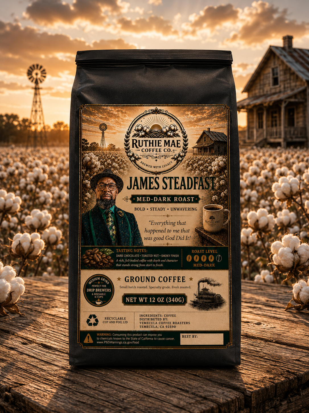 Ruthie Mae Coffee Co. James Steadfast coffee bag with a cotton field and sunset background