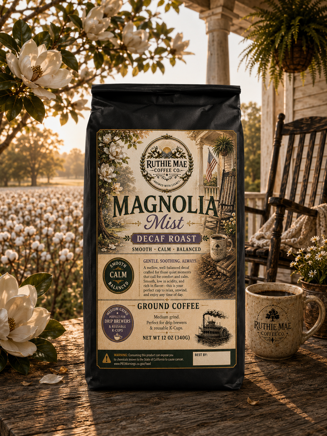 Magnolia Mist Decaf is a smooth medium roast water process decaf coffee with rich flavor, low acidity, and comforting notes of cocoa and toasted nuts from Ruthie Mae Coffee Co.

