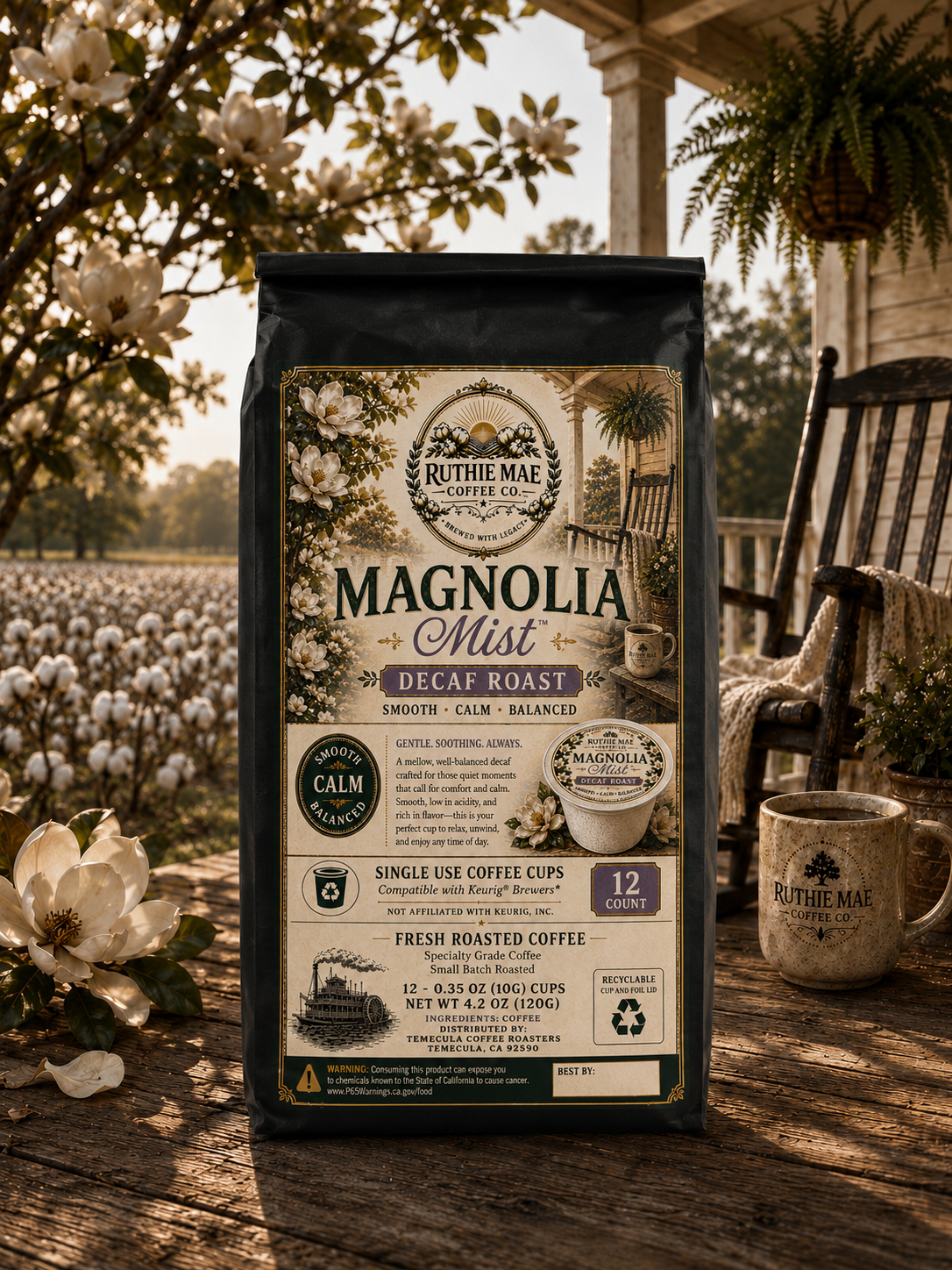 Magnolia Mist Decaf is a smooth medium roast water process decaf coffee with rich flavor, low acidity, and comforting notes of cocoa and toasted nuts from Ruthie Mae Coffee Co.


