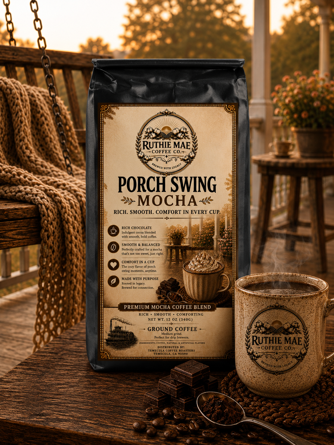 Ruthie Mae Coffee Co. Porch Swing Mocha coffee bag and mug on a wooden surface with a sunset background.