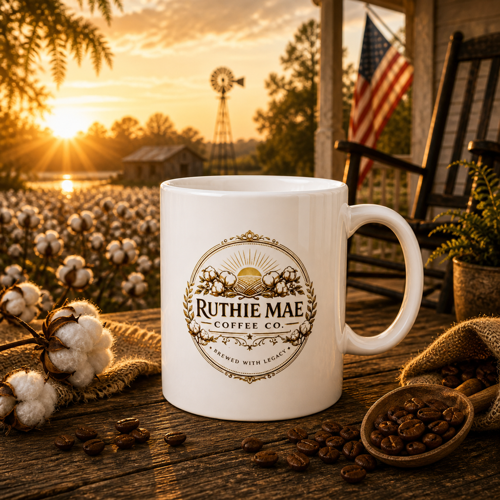 White mug with 'Ruthie Mae Coffee Co.' logo on a wooden table with coffee beans and cotton, sunset in the background.