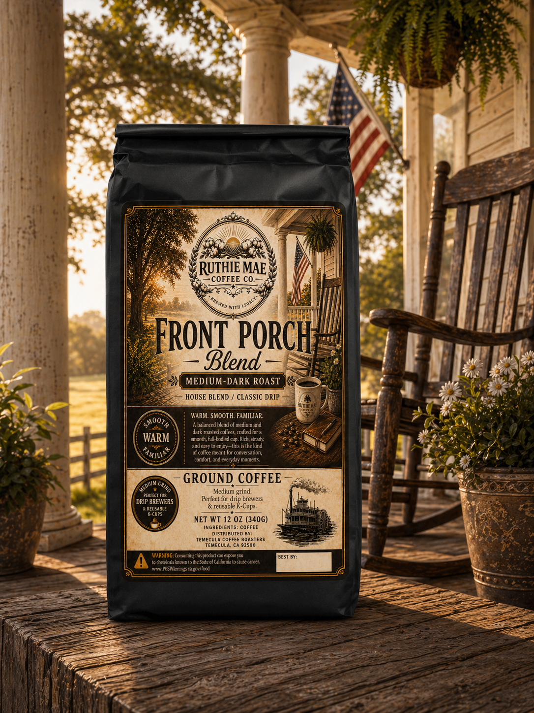 Front Porch Blend whole bean coffee bag on southern front porch with rocking chair and cotton field view, medium dark roast Ruthie Mae Coffee Co.