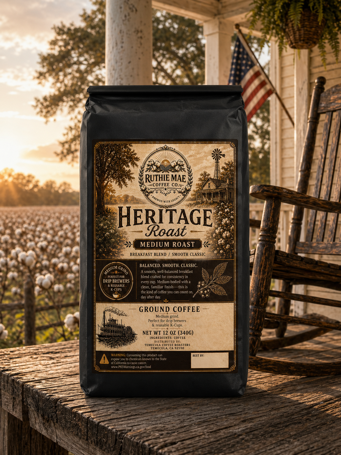 Heritage Roast whole bean coffee bag on wooden front porch with rocking chair and cotton field background, medium roast Ruthie Mae Coffee Co.